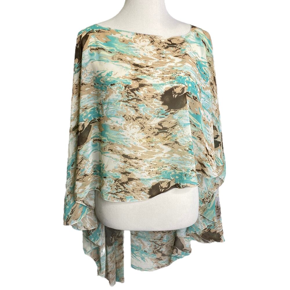 Look Women's Poncho Wrap‎ Teal Tan Boat Neck Pullover OS